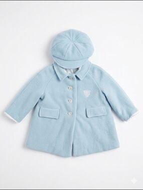 VINTAGE 1960s Toddler Boy Girl Blue Wool Blend Coat & Hat Set ILGWU Union